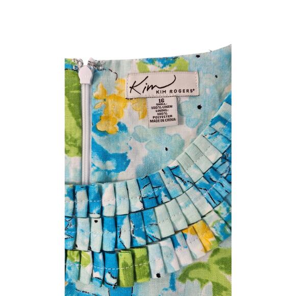 Kim rogers EUC blue floral lined shift dress sz 16 EUC 100% linen pleated collar - Picture 5 of 8